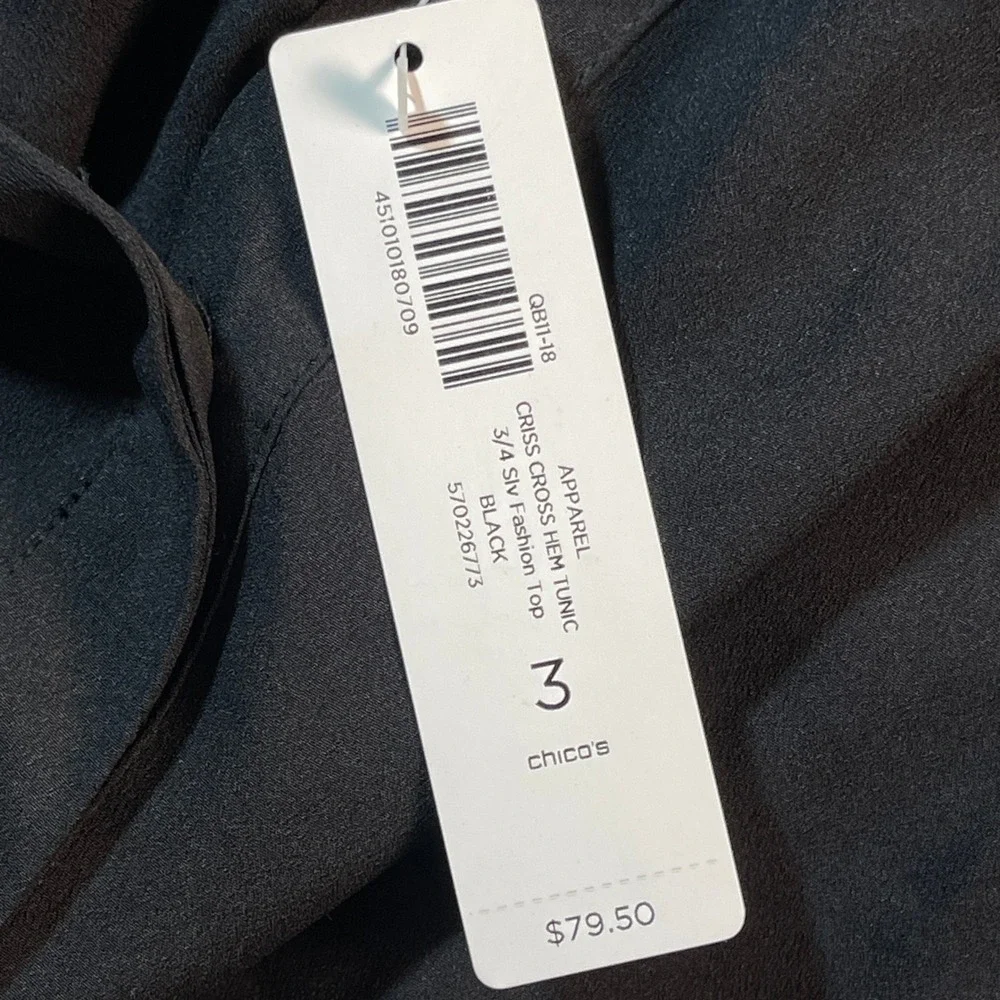 Chico's Criss Cross Hem Tunic 3/4 Sleeve Fashion Top Black 3 Women's Minimalist - Picture 11 of 15